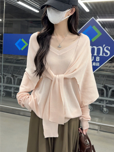 Photographed Loose and Lazy V-Neck Hooded Scarf Knitted Sweater Two-Piece Set