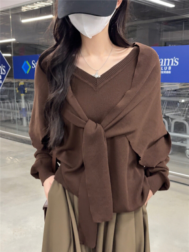 Photographed Loose and Lazy V-Neck Hooded Scarf Knitted Sweater Two-Piece Set