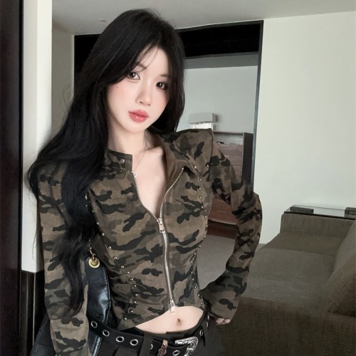 Photo-shoot~ Retro Spice Collar Zipper Camo Long Sleeve Women's T-Shirt Design-Sensitive Unique Slimming Short-Sleeve Top