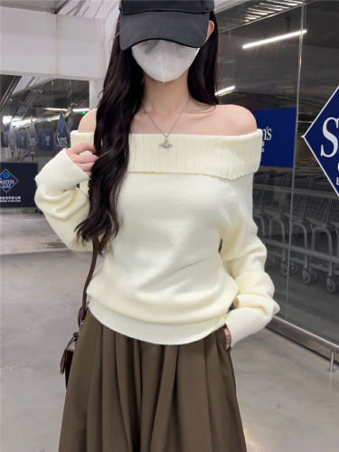 Women's New Autumn One-Shoulder Sweater, Korean Style, Slimming, High-End, Long-Sleeve Knit Top