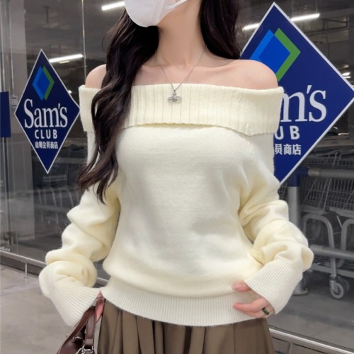 Women's New Autumn One-Shoulder Sweater, Korean Style, Slimming, High-End, Long-Sleeve Knit Top