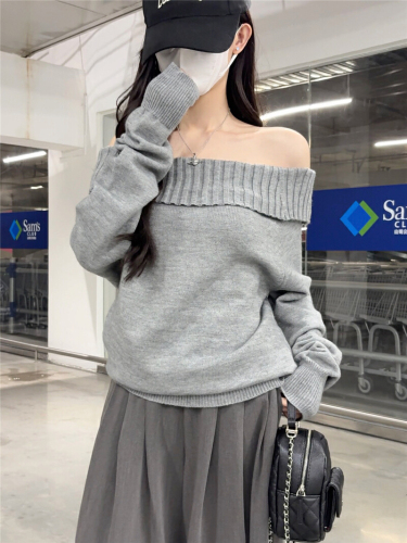 Women's New Autumn One-Shoulder Sweater, Korean Style, Slimming, High-End, Long-Sleeve Knit Top
