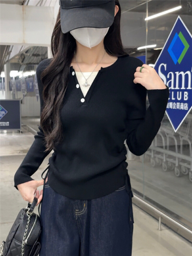 Photographed Winter New Arrival Women's Korean Style Slimming Fashion Pseudo Two-Piece Wool Sweater Versatile V-Neck Drawstring Knit Top