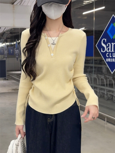 Photographed Winter New Arrival Women's Korean Style Slimming Fashion Pseudo Two-Piece Wool Sweater Versatile V-Neck Drawstring Knit Top