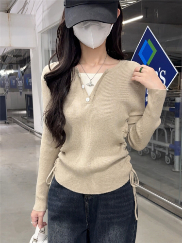 Photographed Winter New Arrival Women's Korean Style Slimming Fashion Pseudo Two-Piece Wool Sweater Versatile V-Neck Drawstring Knit Top