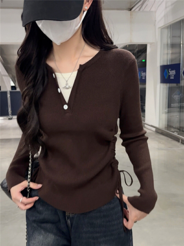 Photographed Winter New Arrival Women's Korean Style Slimming Fashion Pseudo Two-Piece Wool Sweater Versatile V-Neck Drawstring Knit Top