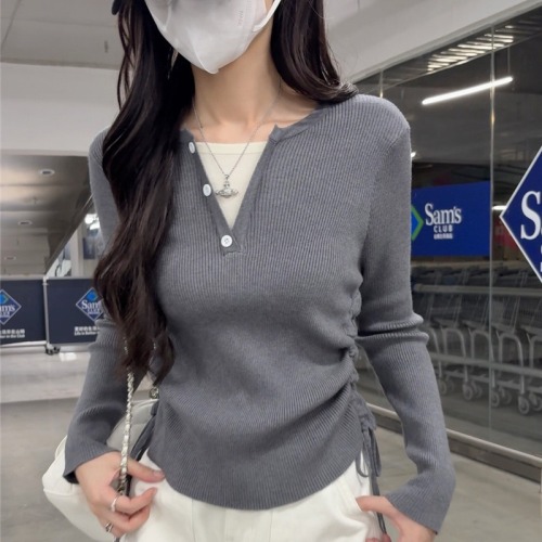 Photographed Winter New Arrival Women's Korean Style Slimming Fashion Pseudo Two-Piece Wool Sweater Versatile V-Neck Drawstring Knit Top