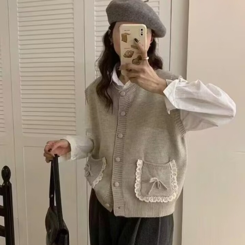 2025 Pocket Design Cardigan Lace Women's Versatile Splicing Round Neck Sweater Top Knitted Vest Vest