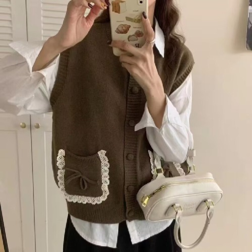 2025 Pocket Design Cardigan Lace Women's Versatile Splicing Round Neck Sweater Top Knitted Vest Vest