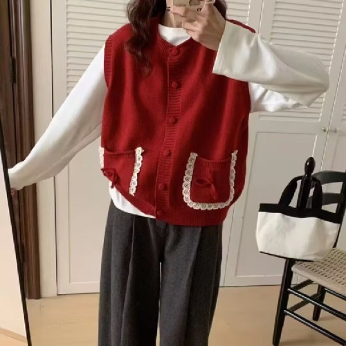 2025 Pocket Design Cardigan Lace Women's Versatile Splicing Round Neck Sweater Top Knitted Vest Vest