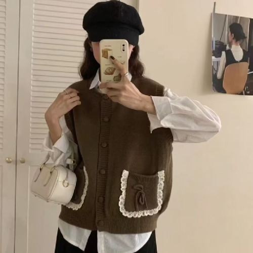 2025 Pocket Design Cardigan Lace Women's Versatile Splicing Round Neck Sweater Top Knitted Vest Vest