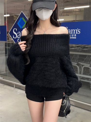 Photographed Relaxed Style Elegant Loose One-Shoulder Cable-Knit Long-Sleeve Off-the-Shoulder Women's Sweater for a Slimming Pure Desire Look