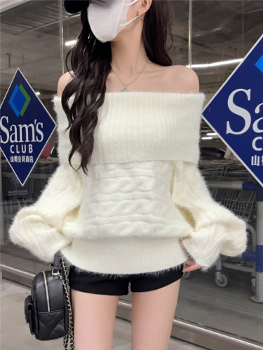 Photographed Relaxed Style Elegant Loose One-Shoulder Cable-Knit Long-Sleeve Off-the-Shoulder Women's Sweater for a Slimming Pure Desire Look
