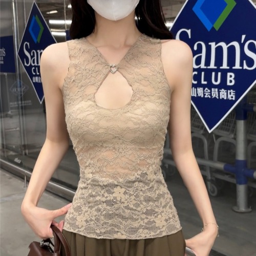Real-shot sexy lace base vest for women—versatile mesh T-shirt