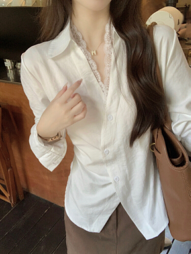 Photographed Autumn French Design Collar Women's Buttoned Waist Cinching Slimming Lace Splicing Long Sleeve Top
