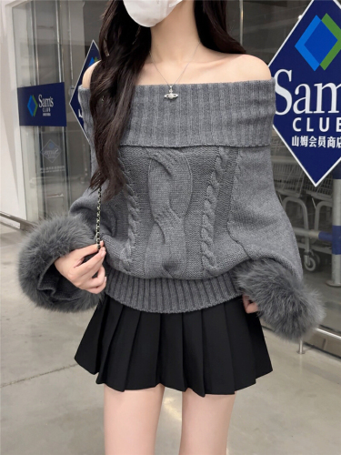 Photographed Fox Fur High Collar Wool Blended Hemp Cable Knit Top Sweater for Women