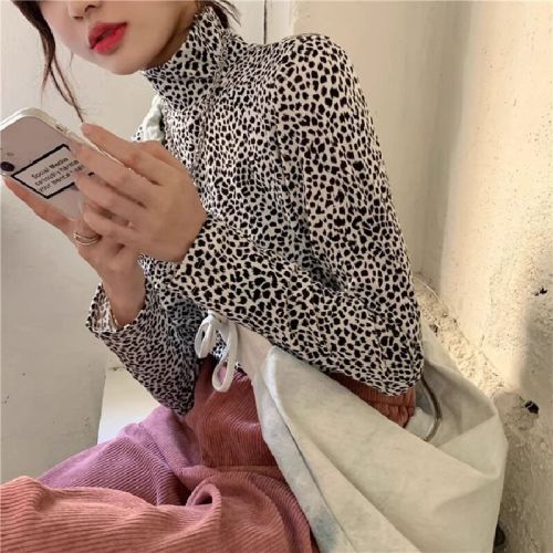 Leopard Print Long-Sleeve Base Shirt Top, Versatile High-Neck Inner T-Shirt for Women