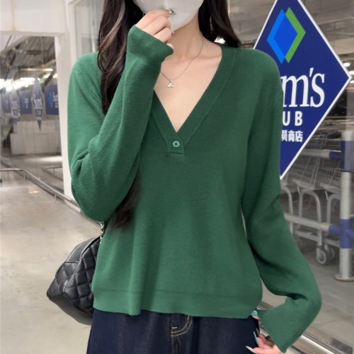 Shot Knit V-Neck Straight Shoulder Long-Sleeve T-Shirt for Women Fat mm Base Shirt Stylish Top