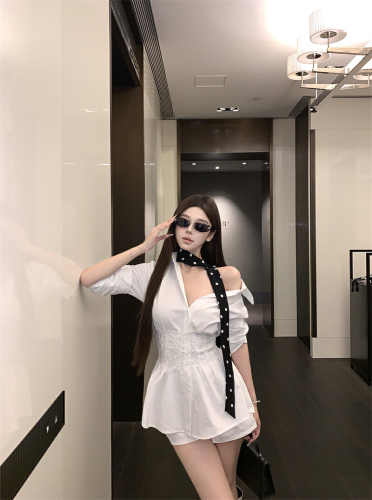 Vintage Reticulated Lace Tied-Waist Long-Sleeve Shaped Shirt + Shorts + Polka Dot Fringe