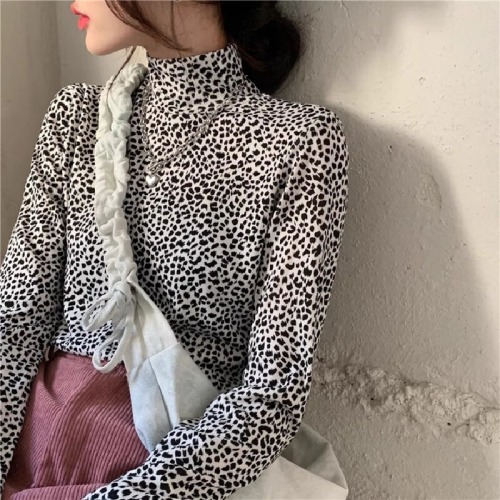 Leopard Print Long-Sleeve Base Shirt Top, Versatile High-Neck Inner T-Shirt for Women