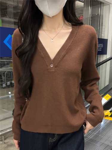 Shot Knit V-Neck Straight Shoulder Long-Sleeve T-Shirt for Women Fat mm Base Shirt Stylish Top