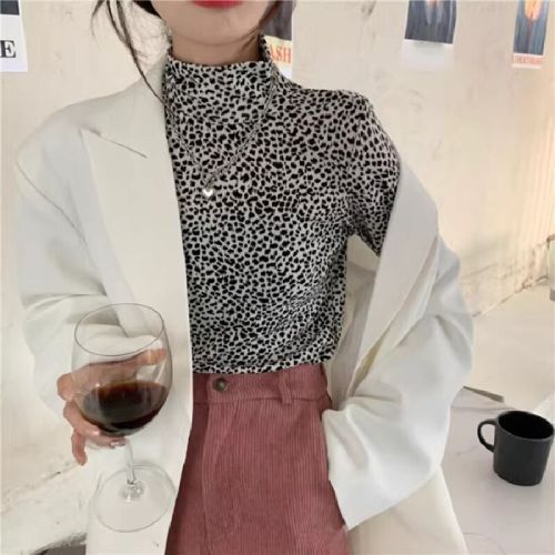 Leopard Print Long-Sleeve Base Shirt Top, Versatile High-Neck Inner T-Shirt for Women