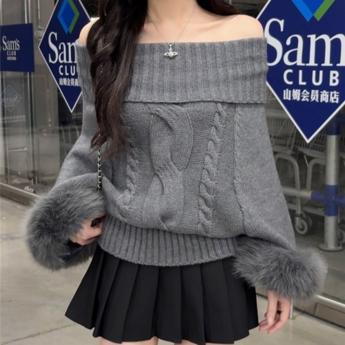 Photographed Fox Fur High Collar Wool Blended Hemp Cable Knit Top Sweater for Women
