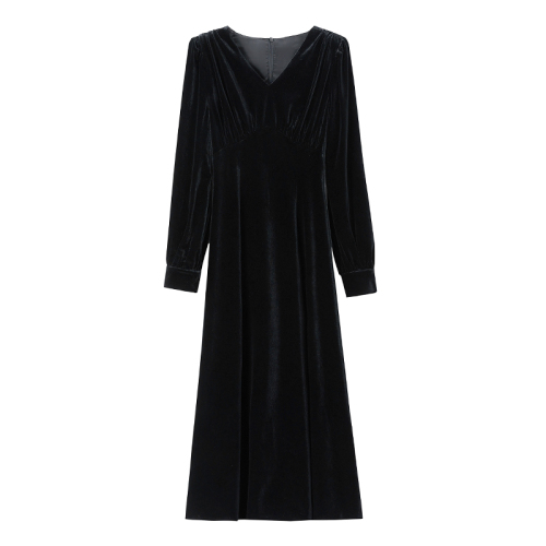 High-end Velvet Dress for Women - New French Style, V-Neck, Slimming, Long Middle-Length