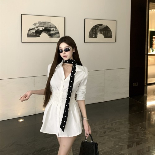 Vintage Reticulated Lace Tied-Waist Long-Sleeve Shaped Shirt + Shorts + Polka Dot Fringe