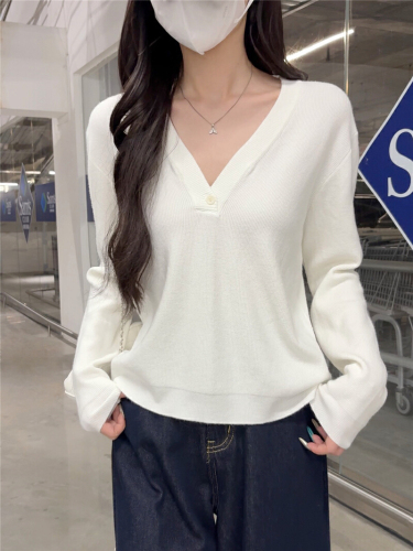 Shot Knit V-Neck Straight Shoulder Long-Sleeve T-Shirt for Women Fat mm Base Shirt Stylish Top