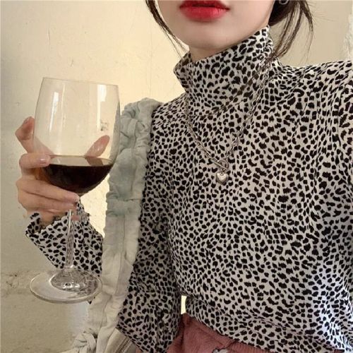 Leopard Print Long-Sleeve Base Shirt Top, Versatile High-Neck Inner T-Shirt for Women