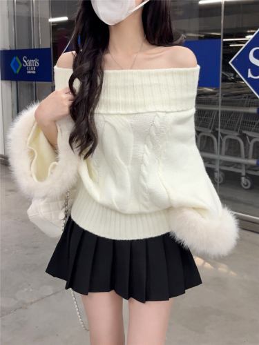 Photographed Fox Fur High Collar Wool Blended Hemp Cable Knit Top Sweater for Women