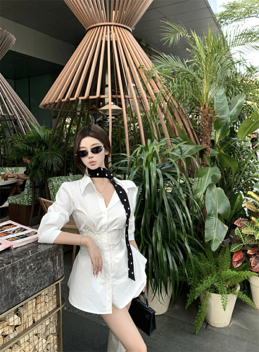 Vintage Reticulated Lace Tied-Waist Long-Sleeve Shaped Shirt + Shorts + Polka Dot Fringe