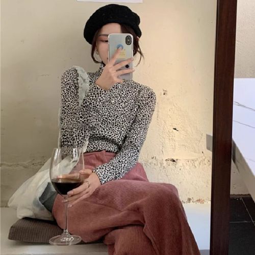Leopard Print Long-Sleeve Base Shirt Top, Versatile High-Neck Inner T-Shirt for Women