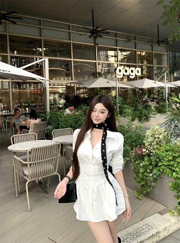 Vintage Reticulated Lace Tied-Waist Long-Sleeve Shaped Shirt + Shorts + Polka Dot Fringe