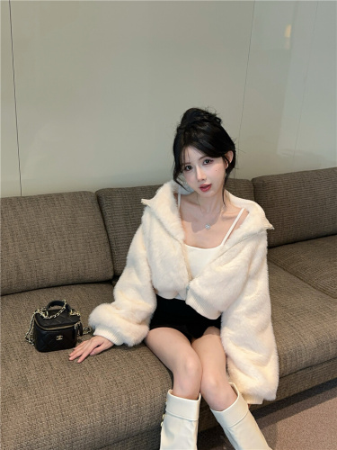 ~2025 Winter New Plush Double Layer Ribbed High Collar Splicing Mink Fleece Thick Short Jacket