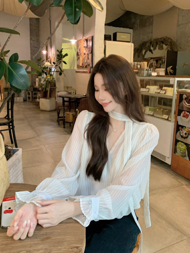 Shot! Korean Retro Style Striped Scarf Shirt for Women V-Neck Bell Sleeve Unique Design Top