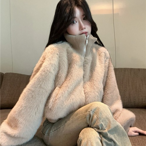 ~2025 Winter New Plush Double Layer Ribbed High Collar Splicing Mink Fleece Thick Short Jacket