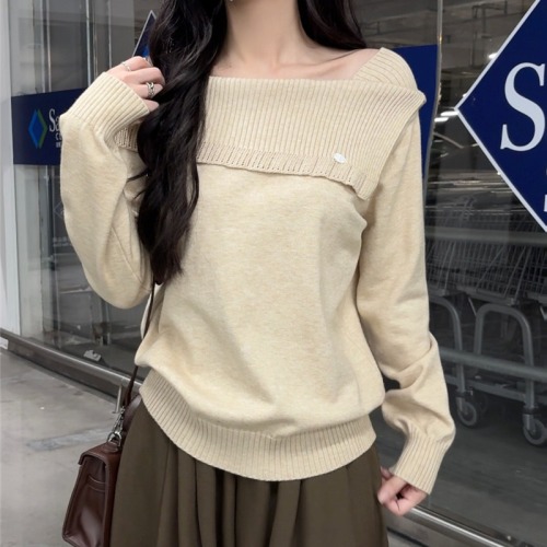 Women's New One-Shoulder Long-Sleeve Sweater, Loose and Casual Knitted Top with Gentle Style