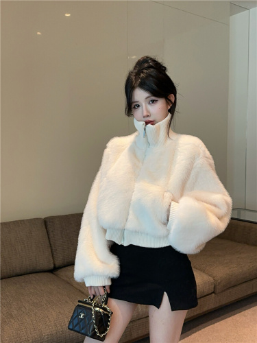 ~2025 Winter New Plush Double Layer Ribbed High Collar Splicing Mink Fleece Thick Short Jacket
