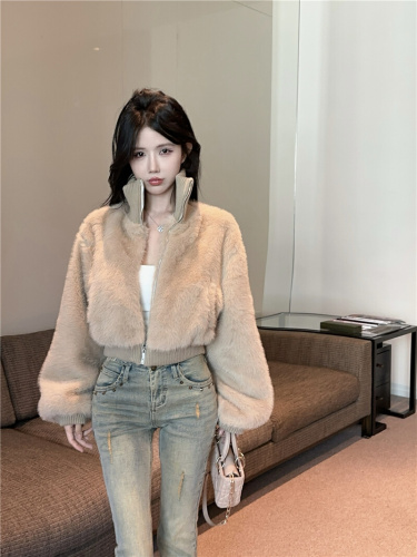 ~2025 Winter New Plush Double Layer Ribbed High Collar Splicing Mink Fleece Thick Short Jacket