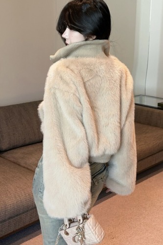 ~2025 Winter New Plush Double Layer Ribbed High Collar Splicing Mink Fleece Thick Short Jacket
