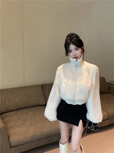 ~2025 Winter New Plush Double Layer Ribbed High Collar Splicing Mink Fleece Thick Short Jacket