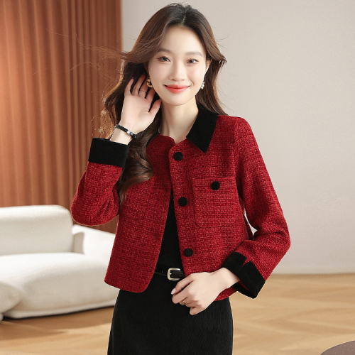 Women's Autumn/Winter New Arrival Sheath Collar Chanel Style Angora Red Wool Blend Coat and Skirt Set