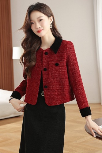 Women's Autumn/Winter New Arrival Sheath Collar Chanel Style Angora Red Wool Blend Coat and Skirt Set