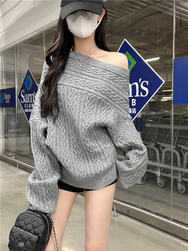 Photographed Elegant New Apricot Color Off-the-Shoulder Long-Sleeve Knit Top for Women, Autumn Versatile Loose and Slimming Upper Body