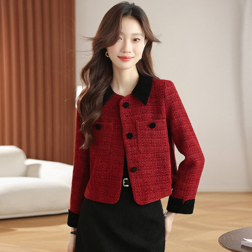 Women's Autumn/Winter New Arrival Sheath Collar Chanel Style Angora Red Wool Blend Coat and Skirt Set