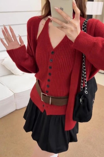 Korean-style relaxed knit cardigan jacket with halterneck strap vest—two-piece autumn/winter set featuring a premium, soft, and cozy sweater suit.