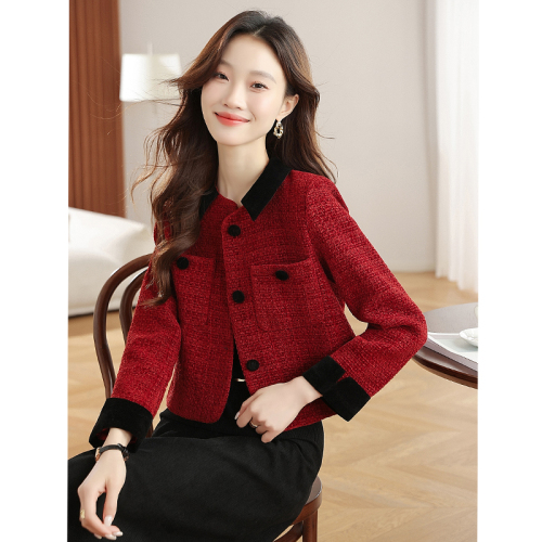 Women's Autumn/Winter New Arrival Sheath Collar Chanel Style Angora Red Wool Blend Coat and Skirt Set