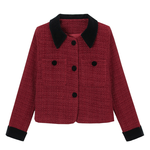 Women's Autumn/Winter New Arrival Sheath Collar Chanel Style Angora Red Wool Blend Coat and Skirt Set